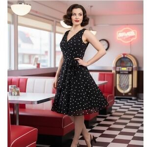 White House Black Market Fit‎ & Flare Polka Dot Dress Midi Retro Preppy Size 2